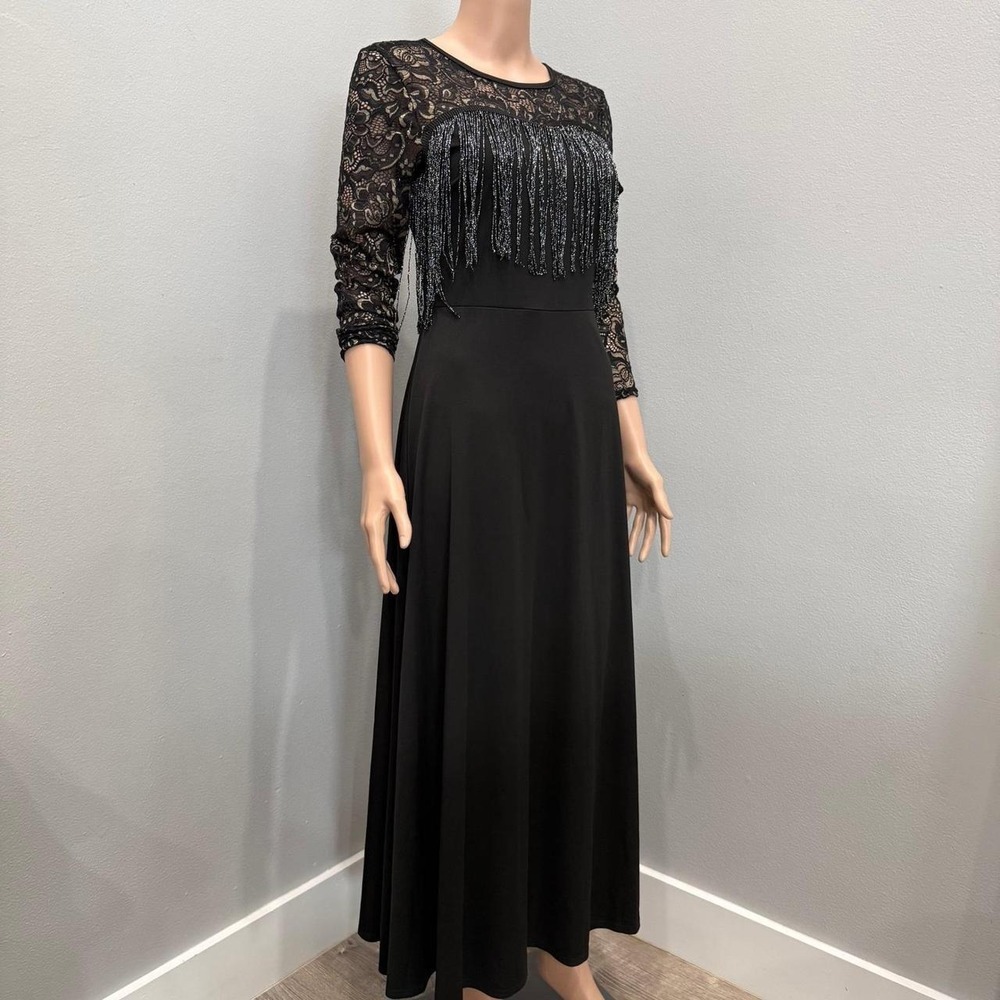 Black Lace Fringe Maxi Dress Long Sleeve Metallic Floral Formal Gown S